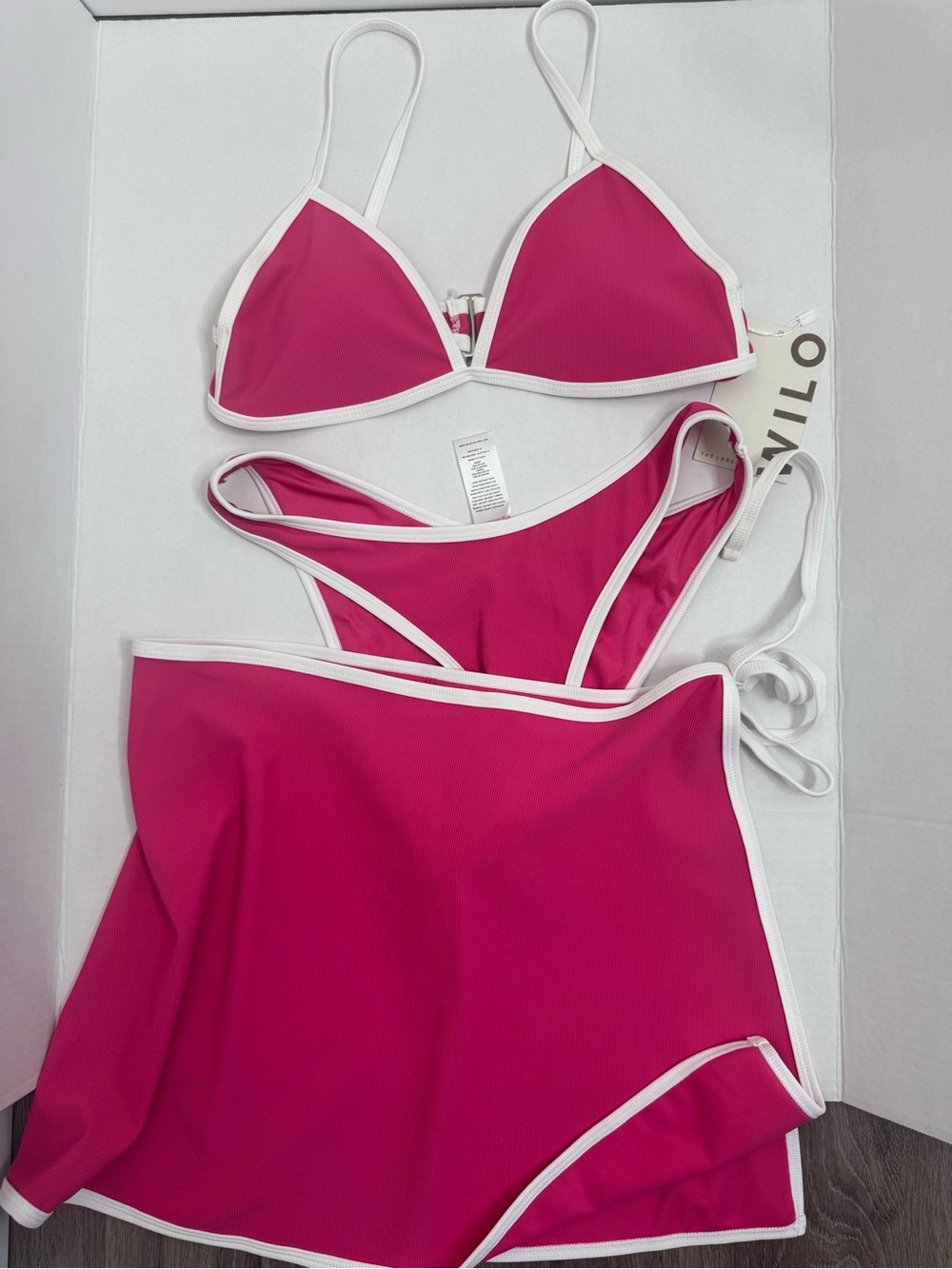 Bright Pink Triangle Bikini Set with White Trim and Skirted Cover